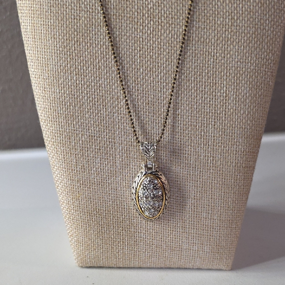 Vintage Gold and Silver Oval Pendant Necklace With Crystal Accents